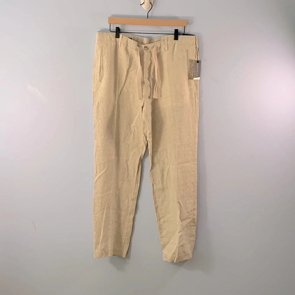Perry Ellis drawstring easy mens cream linen pants size 36 relaxed natural loose - Picture 1 of 6